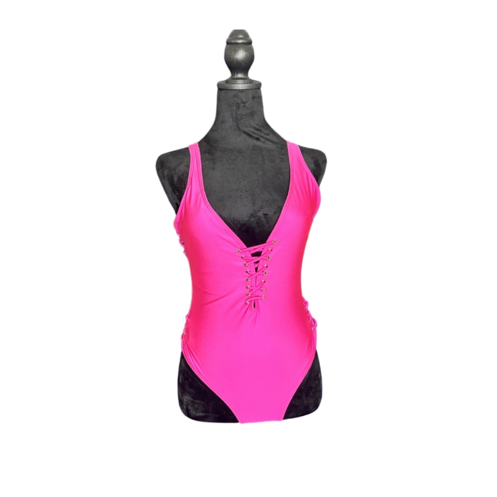 Vibrant Pink Lace-Up Swimsuit